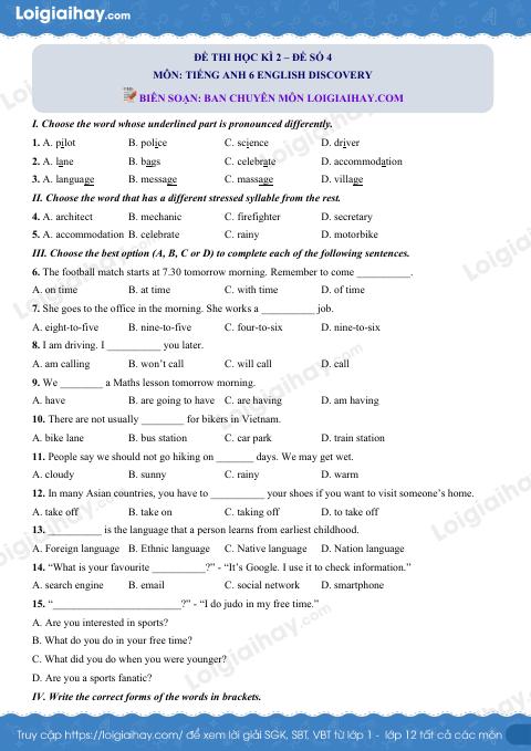 Đề thi học kì 2 Tiếng Anh 6 English Discovery - Đề số 4